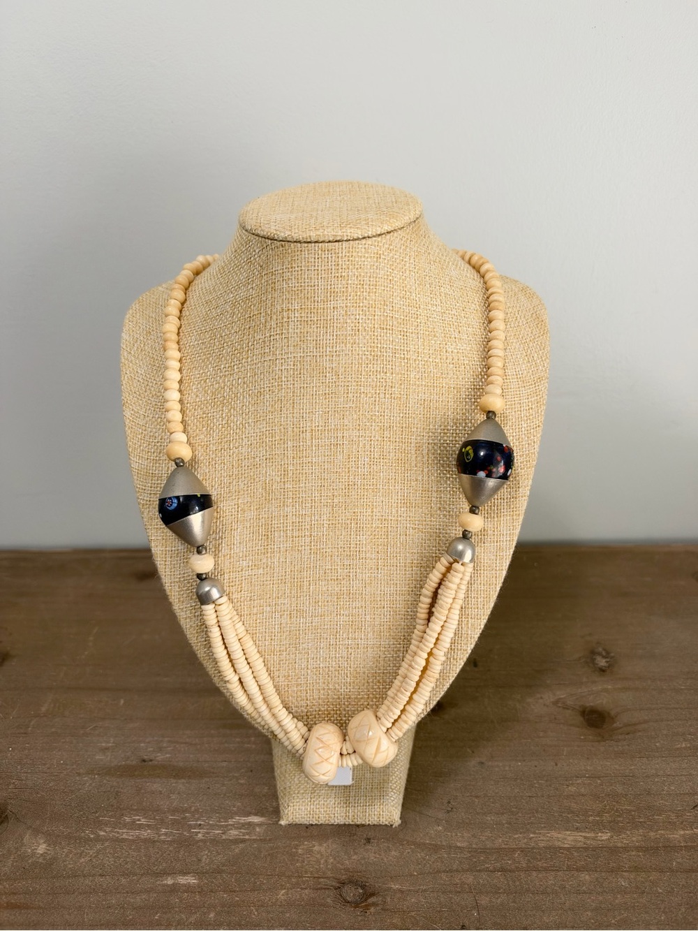 Bone Look Beaded Multi Strand Necklace Black Millefiori Glass Boho